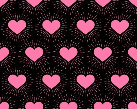 Seamless pattern. Pink Hearts with rays on a black background. Vector Stock Illustration