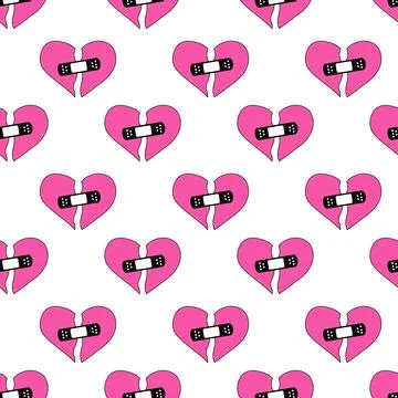 Seamless Pattern with pink hearts. Y2k. Broken heart with patch. Stock Illustration