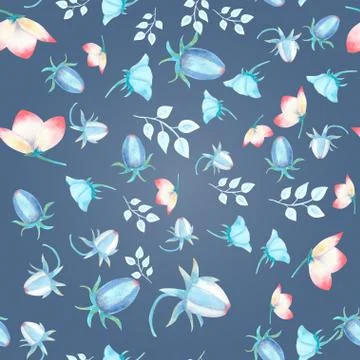 Seamless pattern with pink hellebore flowers, buds, leaves, decorative twigs Stock Illustration