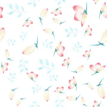 Seamless pattern with pink hellebore flowers, buds, leaves, decorative twigs on Illustrazione stock