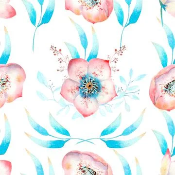 Seamless pattern with pink hellebore flowers, buds, leaves, decorative twigs on Stock Illustration
