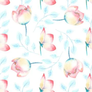 Seamless pattern with pink hellebore flowers, buds, leaves, decorative twigs on Stock Illustration