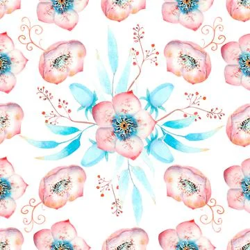 Seamless pattern with pink hellebore flowers, buds, leaves, decorative twigs on Stock Illustration