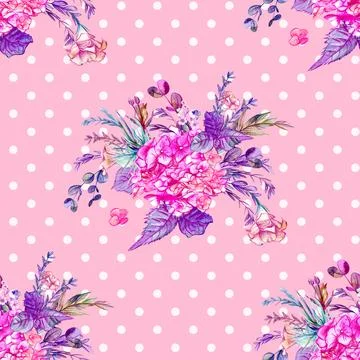 Seamless pattern with pink hydrangea flowers drawn in pencil on a delicate polka Illustrazione stock