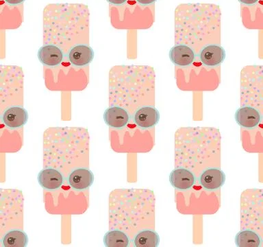 Seamless pattern pink ice cream, ice lolly with sprinkles. Kawaii with pink c Stock Illustration