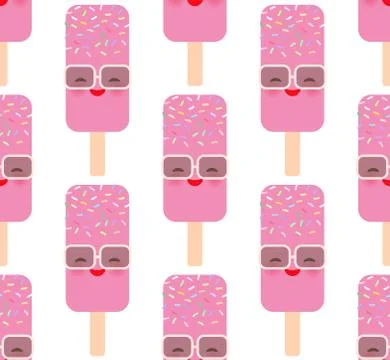 Seamless pattern pink ice cream, ice lolly with sprinkles. Kawaii with pink c Stock Illustration