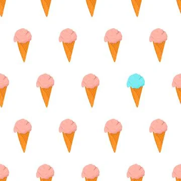 Seamless pattern with pink ice cream in waffle cone, eye catching element - blue Stock Illustration