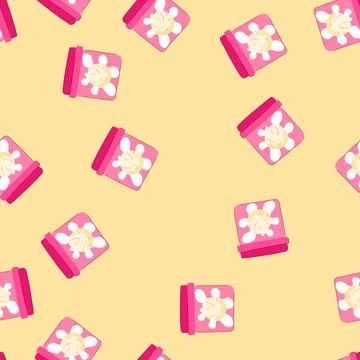 Seamless pattern pink ice cream container with vanilla scoop label 스톡 일러스트
