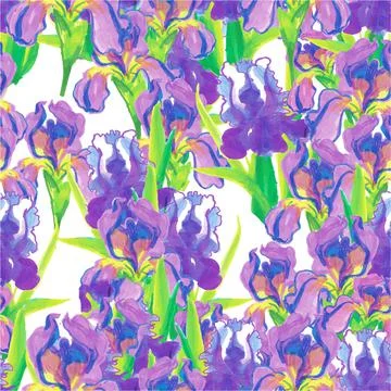 Seamless pattern pink irises on a white blue-purple background Stock Illustration