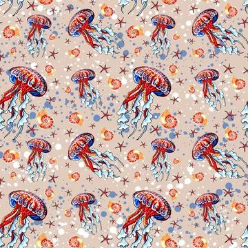 Seamless pattern pink with jellyfish, starfish, seashell and sea spray. Illustrazione stock