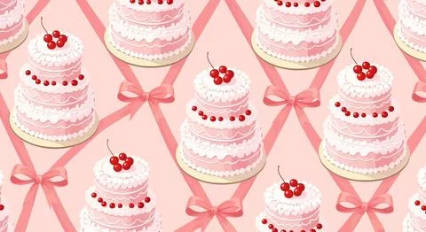 Seamless Pattern: Pink Layer Cakes with Cherries and Ribbons, Sweet Celebra.. Ilustração Stock