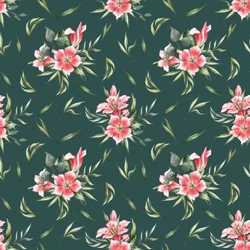 Seamless pattern with pink lilies and green leaves on a green background. Spr Stock Illustration