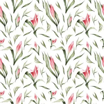 Seamless pattern with pink lilies, buds and green leaves. Spring texture hand Stock Illustration
