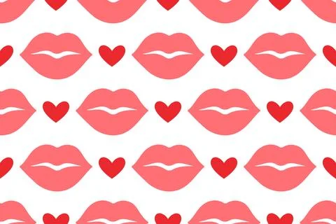 Seamless pattern with pink lips and red hearts on white background. Flat design Stock Illustration