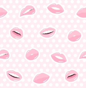Seamless pattern with pink lips on a pink and white polka dot background Stock Illustration