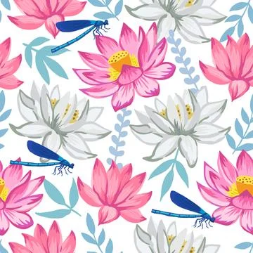 Seamless pattern with pink lotus flowers. Detailed realistic vector illustration Stock Illustration