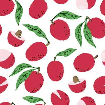 Seamless pattern with pink lychee and slices. Stockillustratie