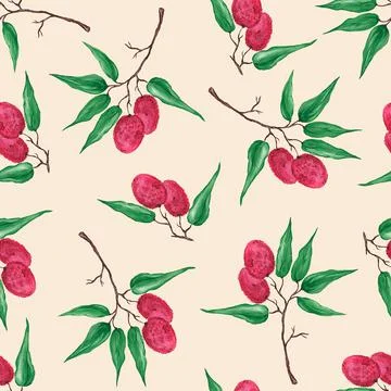 Seamless pattern with pink lychee fruits on branches with green leaves. Water 스톡 일러스트