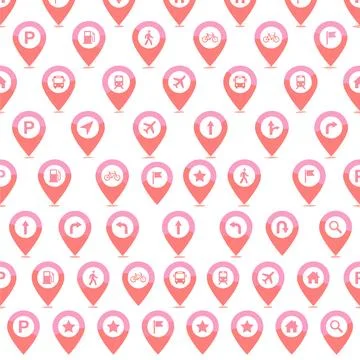 Seamless pattern of pink map location pins with various icons including par.. Stock Illustration