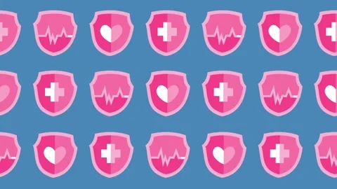 Seamless pattern of pink medical shields with health icons on a blue background Stock Footage 334128393