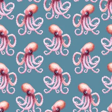 Seamless pattern of pink octopus on blue background, hand drawn watercolor Stock Illustration