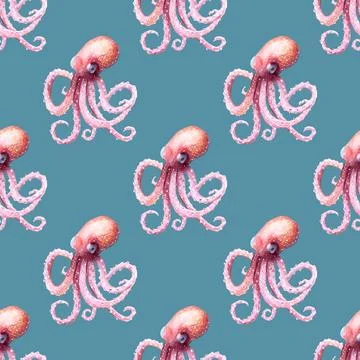 Seamless pattern of pink octopus on blue background, hand drawn watercolor Stock Illustration