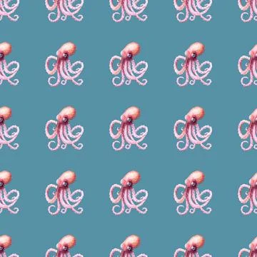 Seamless pattern of pink octopus on blue background, hand drawn watercolor Stock Illustration