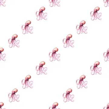 Seamless pattern of pink octopus on white background, hand drawn watercolor Stock Illustration