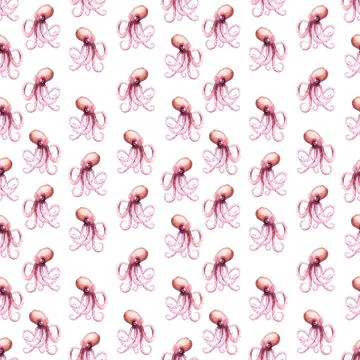 Seamless pattern of pink octopus on white background, hand drawn watercolor Stock Illustration