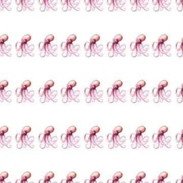 Seamless pattern of pink octopus on white background, hand drawn watercolor Illustrazione stock