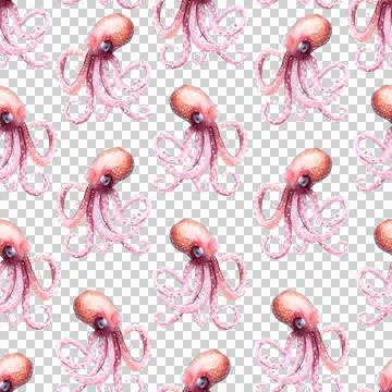 Seamless pattern of pink octopus on white background, hand drawn watercolor イラスト素材