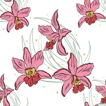 Seamless pattern of pink orchids on a white background. Orchid isolated Stock Illustration