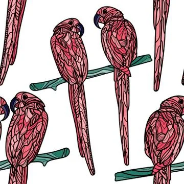 Seamless pattern with pink parrots on white background. Stock Illustration