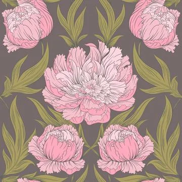 Seamless pattern of pink peonies. Abstract flowers. Vintage style ornament. Stock Illustration