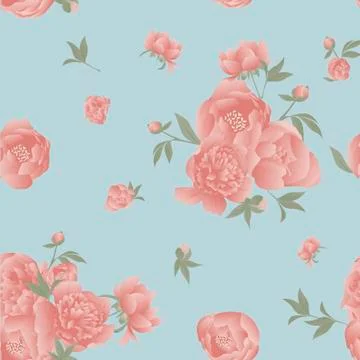 Seamless pattern pink peony bloom on blue background Stock Illustration