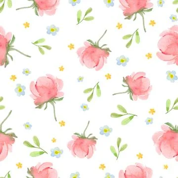 Seamless pattern with a pink peony, blue and orange flowers and green leaves Stock Illustration