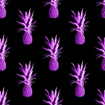 Seamless pattern of pink pineapples isolated on black background. Exotic Stock Photos