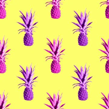 Seamless pattern of pink pineapples isolated on yellow background Stock Photos