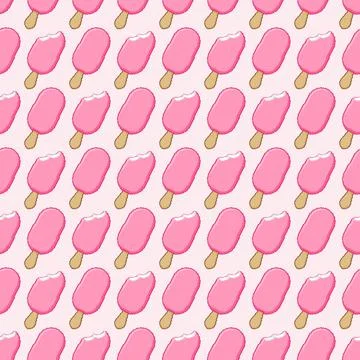 Seamless pattern of pink pixel art ice cream on a stick. Cute repeating summer Stock Illustration