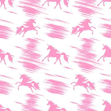 Seamless pattern with pink prancing and flying unicorns on a white background Stock Illustration