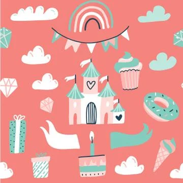Seamless pattern with pink princess castle, flag garland, sweets and raindow. Stock Illustration