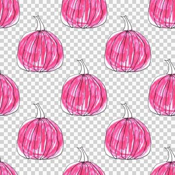 Seamless pattern of pink pumpkins, hand drawn with black ink and felt-tip pens Stock Illustration