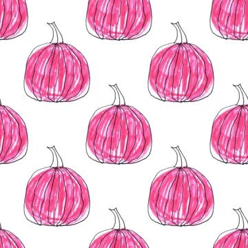 Seamless pattern of pink pumpkins, hand drawn with black ink and felt-tip pens Stock Illustration