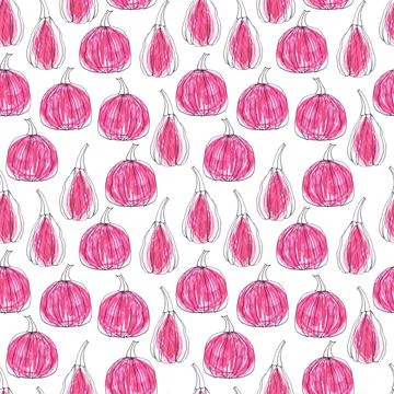 Seamless pattern of pink pumpkins, hand drawn with black ink and felt-tip pens Stock Illustration