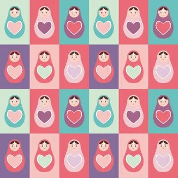 Seamless pattern pink, purple, orange, teal Russian dolls matryoshka backgrou Stock Illustration