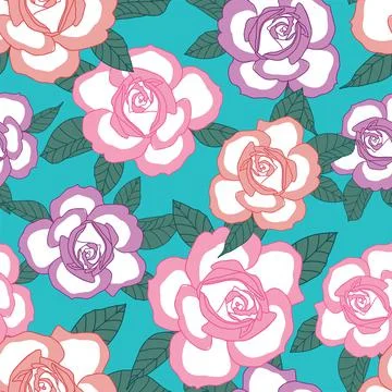 Seamless pattern with pink purple rose flowers on blue background Stock Illustration