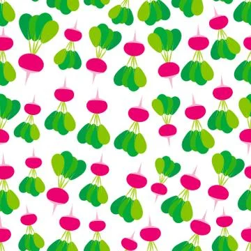 Seamless pattern with pink radish with green leaves, isolated on white backgr Stock Illustration