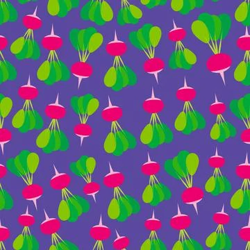 Seamless pattern with pink radish with green leaves, on violet background tre 스톡 일러스트