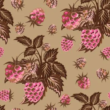Seamless pattern with pink raspberries on beige background  in cartoon style Stock Illustration