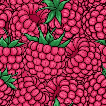 Seamless pattern pink raspberries with black contour on white background, s.. Stockillustratie